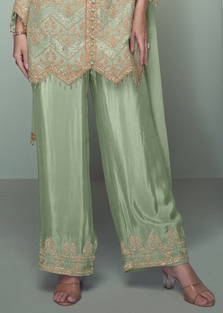 Pastel Green Chinon Silk Embroidered Top with Matching Trousers - House of Sarvati LLC