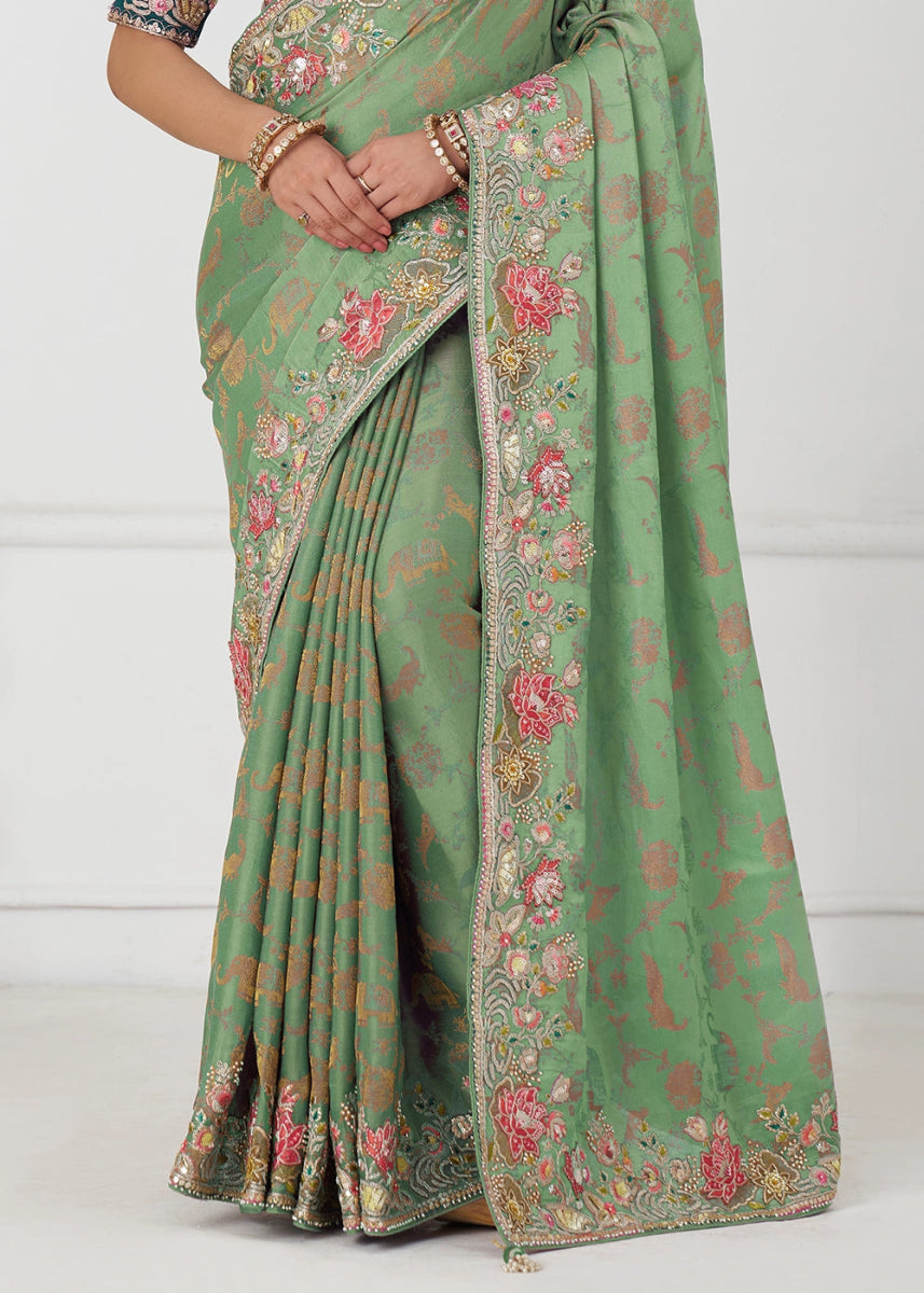Pastel Green Embroidered Viscose Dola Silk Saree With Sequin And Multi Thread Accents - House of Sarvati LLC