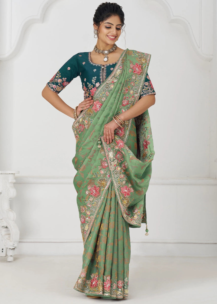 Pastel Green Embroidered Viscose Dola Silk Saree With Sequin And Multi Thread Accents - House of Sarvati LLC