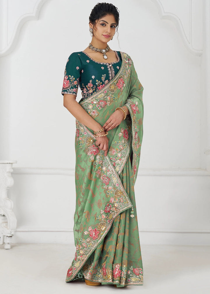 Pastel Green Embroidered Viscose Dola Silk Saree With Sequin And Multi Thread Accents - House of Sarvati LLC
