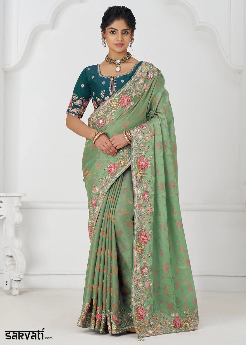 Pastel Green Embroidered Viscose Dola Silk Saree With Sequin And Multi Thread Accents - House of Sarvati LLC