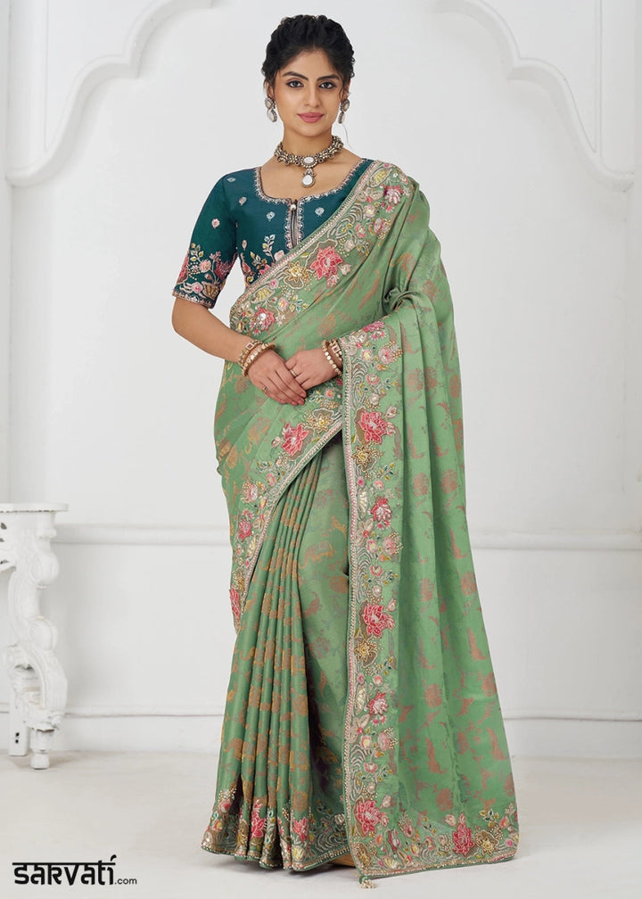 Pastel Green Embroidered Viscose Dola Silk Saree With Sequin And Multi Thread Accents - House of Sarvati LLC