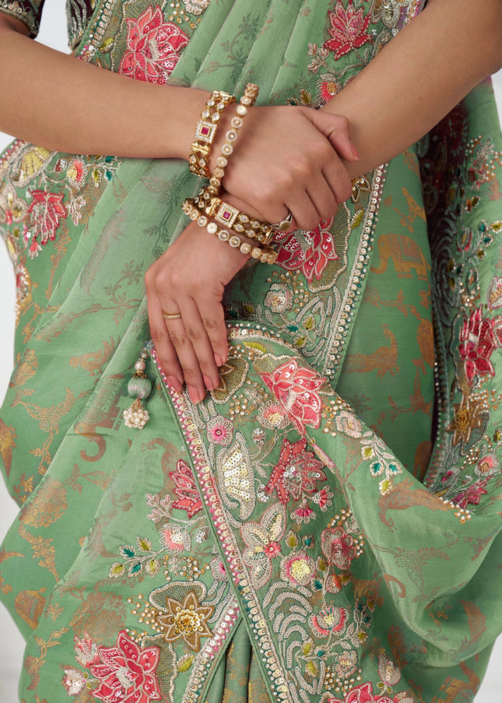 Pastel Green Embroidered Viscose Dola Silk Saree With Sequin And Multi Thread Accents - House of Sarvati LLC