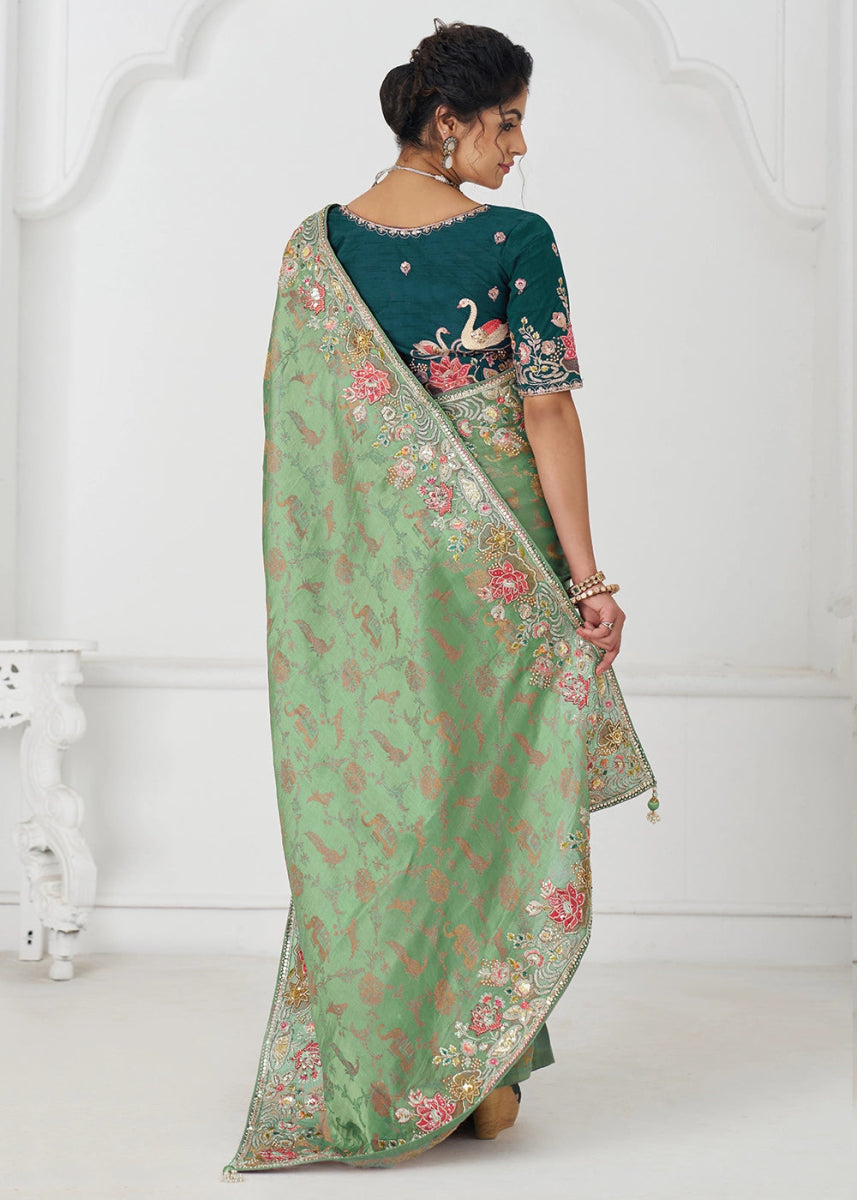 Pastel Green Embroidered Viscose Dola Silk Saree With Sequin And Multi Thread Accents - House of Sarvati LLC