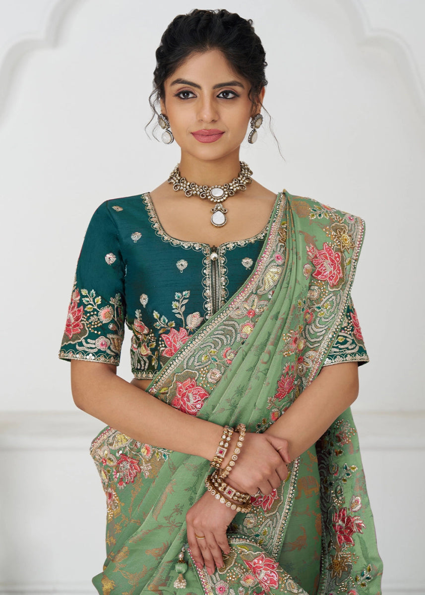 Pastel Green Embroidered Viscose Dola Silk Saree With Sequin And Multi Thread Accents - House of Sarvati LLC