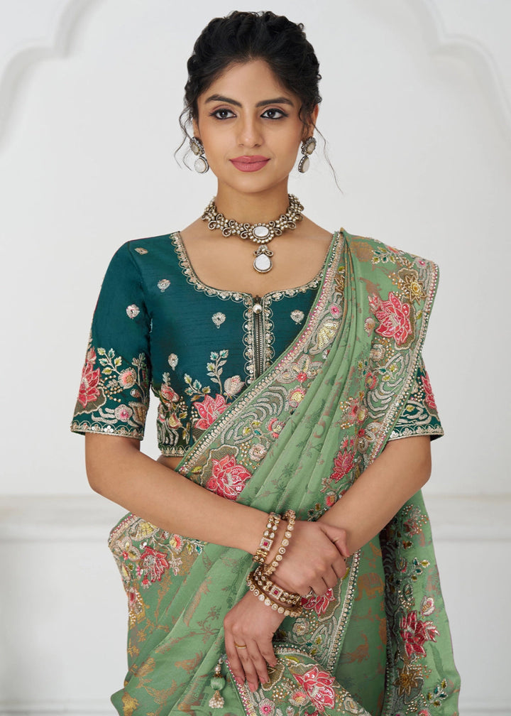 Pastel Green Embroidered Viscose Dola Silk Saree With Sequin And Multi Thread Accents - House of Sarvati LLC