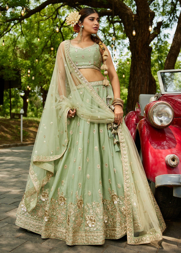 Pastel Green Lehenga Choli with Floral Sequin Detailing on Chiffon Silk - House of Sarvati LLC