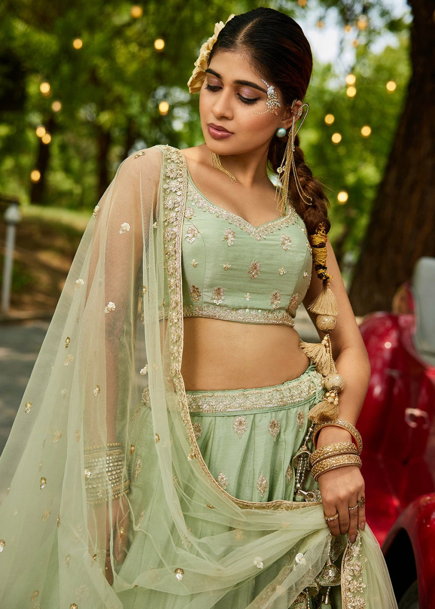 Pastel Green Lehenga Choli with Floral Sequin Detailing on Chiffon Silk - House of Sarvati LLC