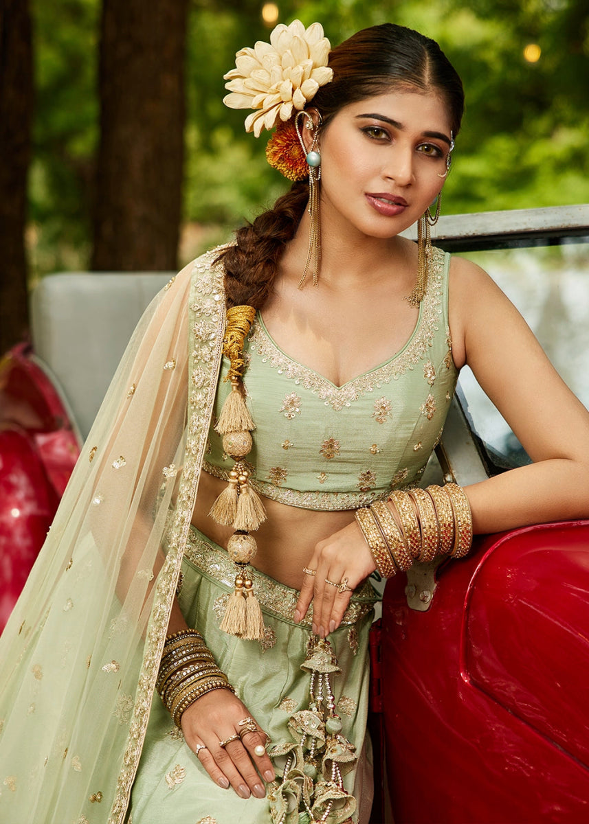 Pastel Green Lehenga Choli with Floral Sequin Detailing on Chiffon Silk - House of Sarvati LLC