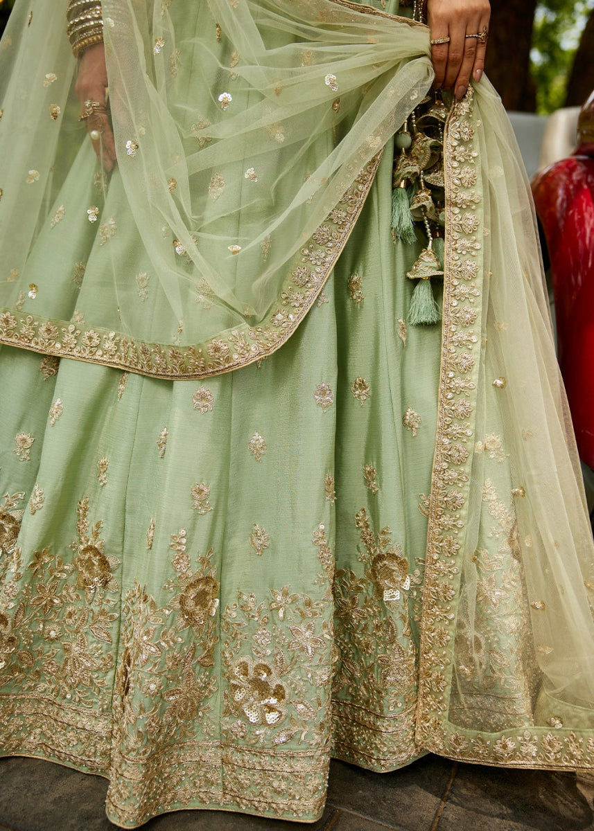 Pastel Green Lehenga Choli with Floral Sequin Detailing on Chiffon Silk - House of Sarvati LLC