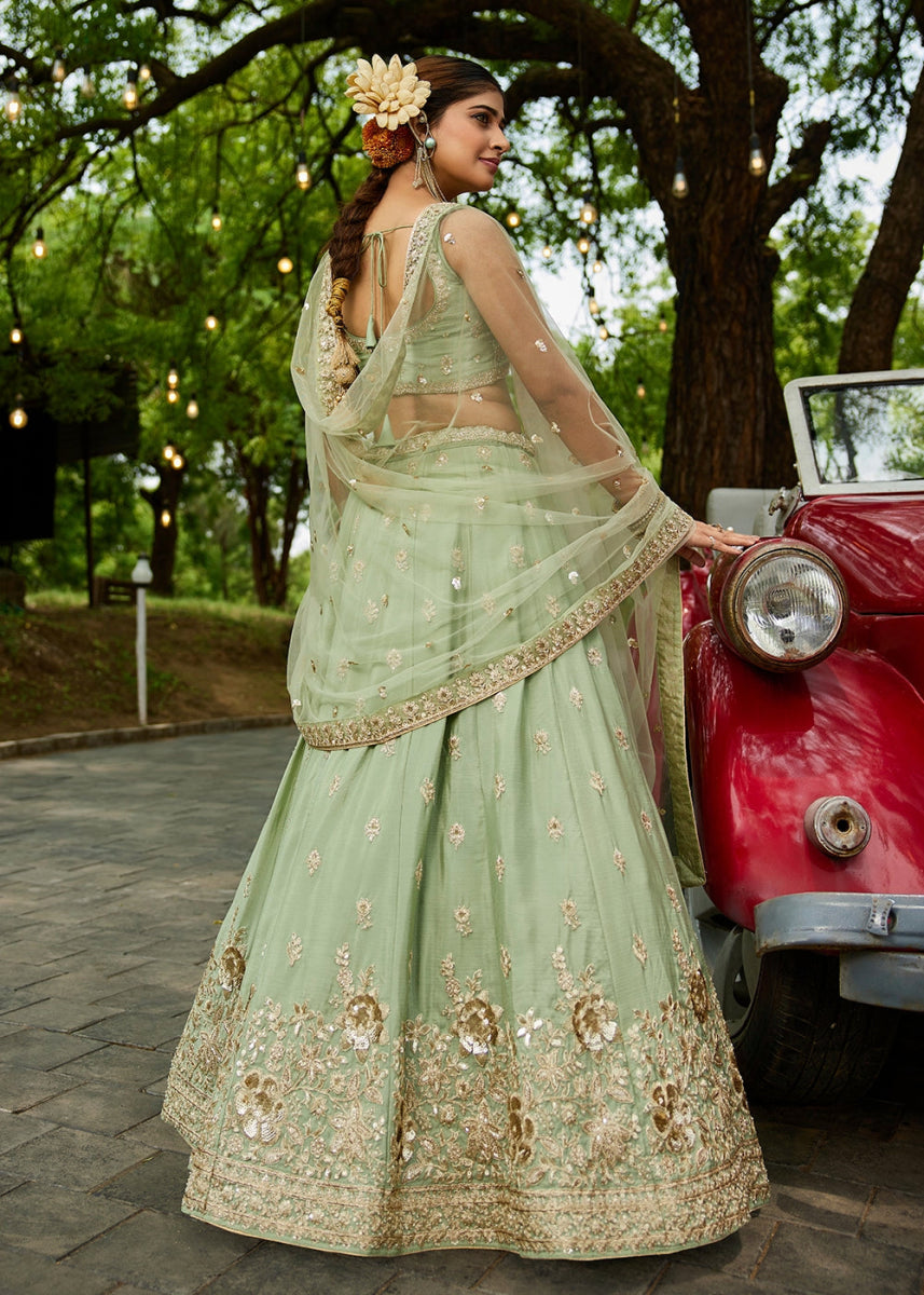 Pastel Green Lehenga Choli with Floral Sequin Detailing on Chiffon Silk - House of Sarvati LLC