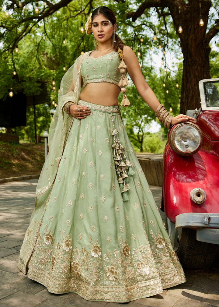 Pastel Green Lehenga Choli with Floral Sequin Detailing on Chiffon Silk - House of Sarvati LLC