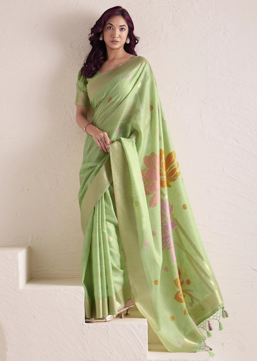 Pastel Green Saree in Linen Silk with Artistic Floral Jacquard Pallu - House of Sarvati LLC