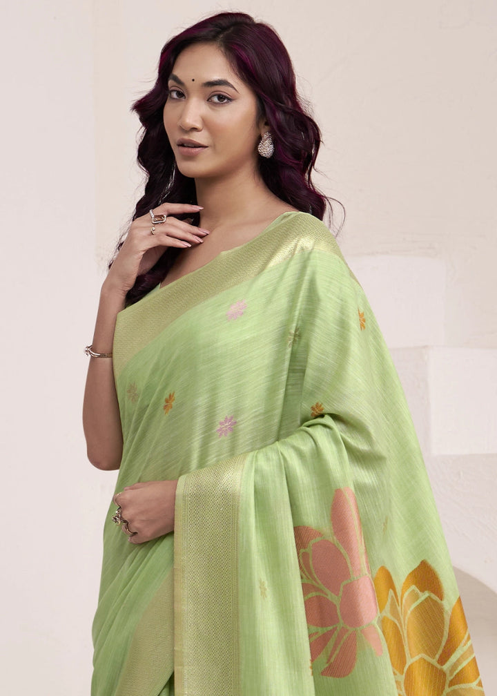 Pastel Green Saree in Linen Silk with Artistic Floral Jacquard Pallu - House of Sarvati LLC