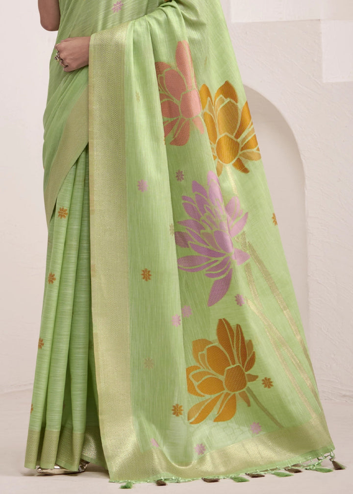 Pastel Green Saree in Linen Silk with Artistic Floral Jacquard Pallu - House of Sarvati LLC