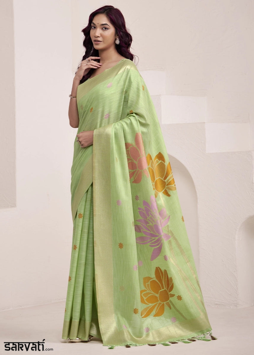 Pastel Green Saree in Linen Silk with Artistic Floral Jacquard Pallu - House of Sarvati LLC