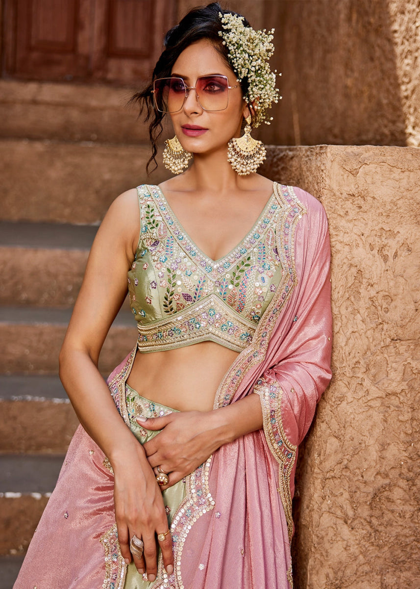 Pastel Green Satin Lehenga Choli with Floral Sequin Detailing - House of Sarvati LLC