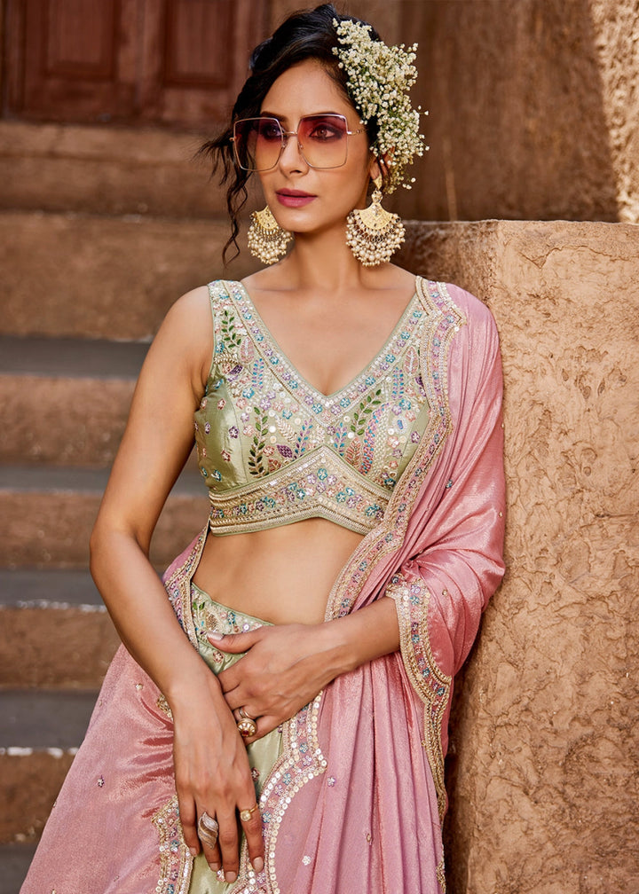 Pastel Green Satin Lehenga Choli with Floral Sequin Detailing - House of Sarvati LLC