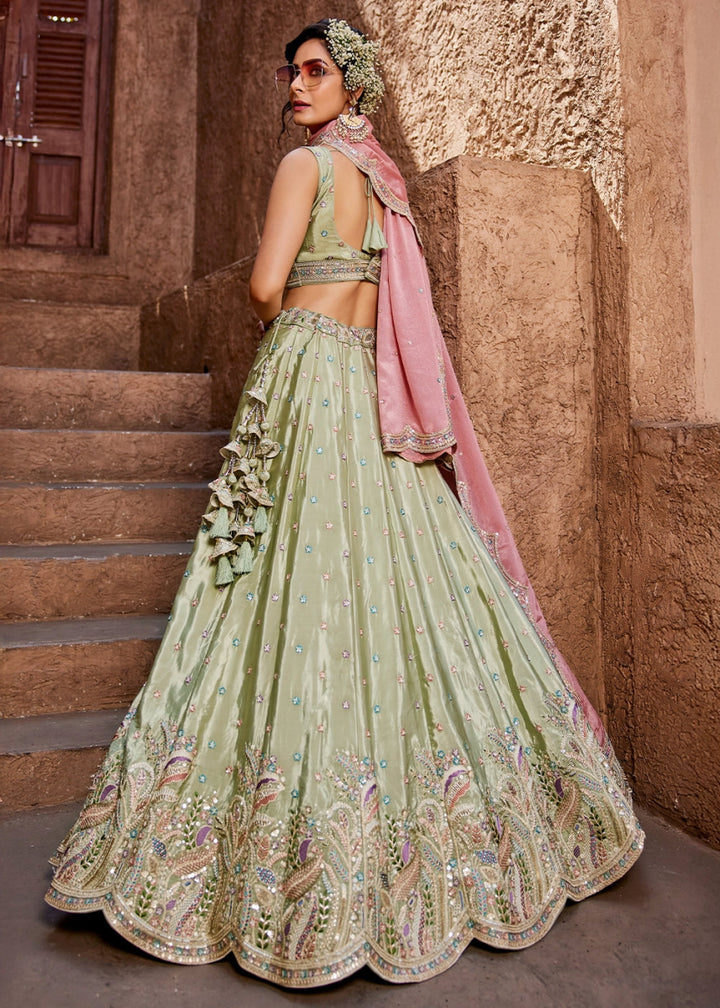 Pastel Green Satin Lehenga Choli with Floral Sequin Detailing - House of Sarvati LLC