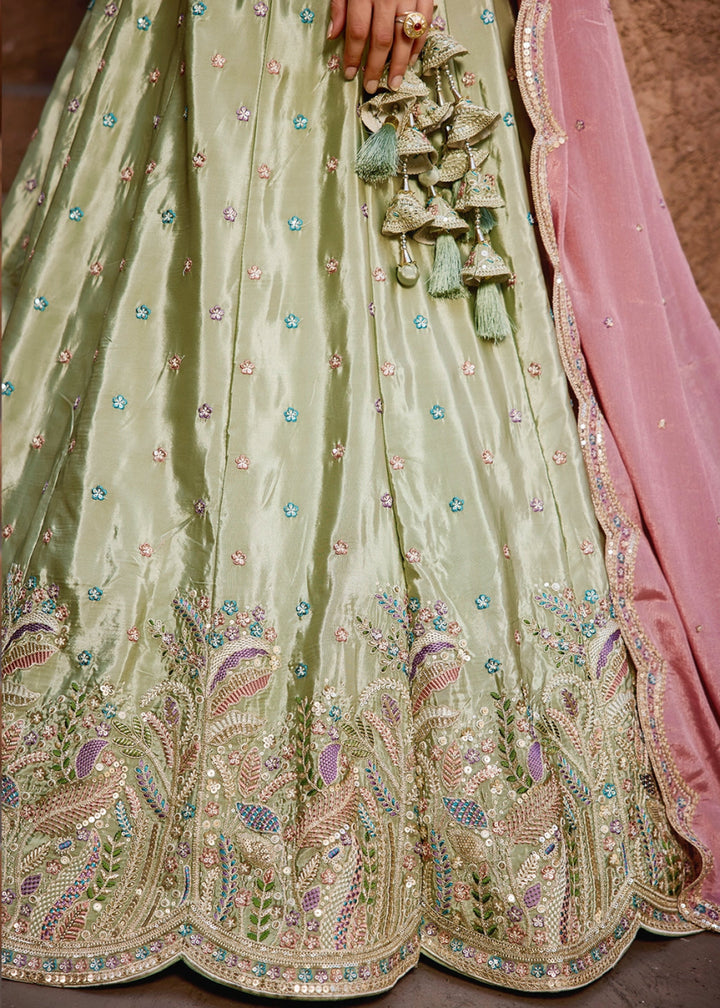 Pastel Green Satin Lehenga Choli with Floral Sequin Detailing - House of Sarvati LLC