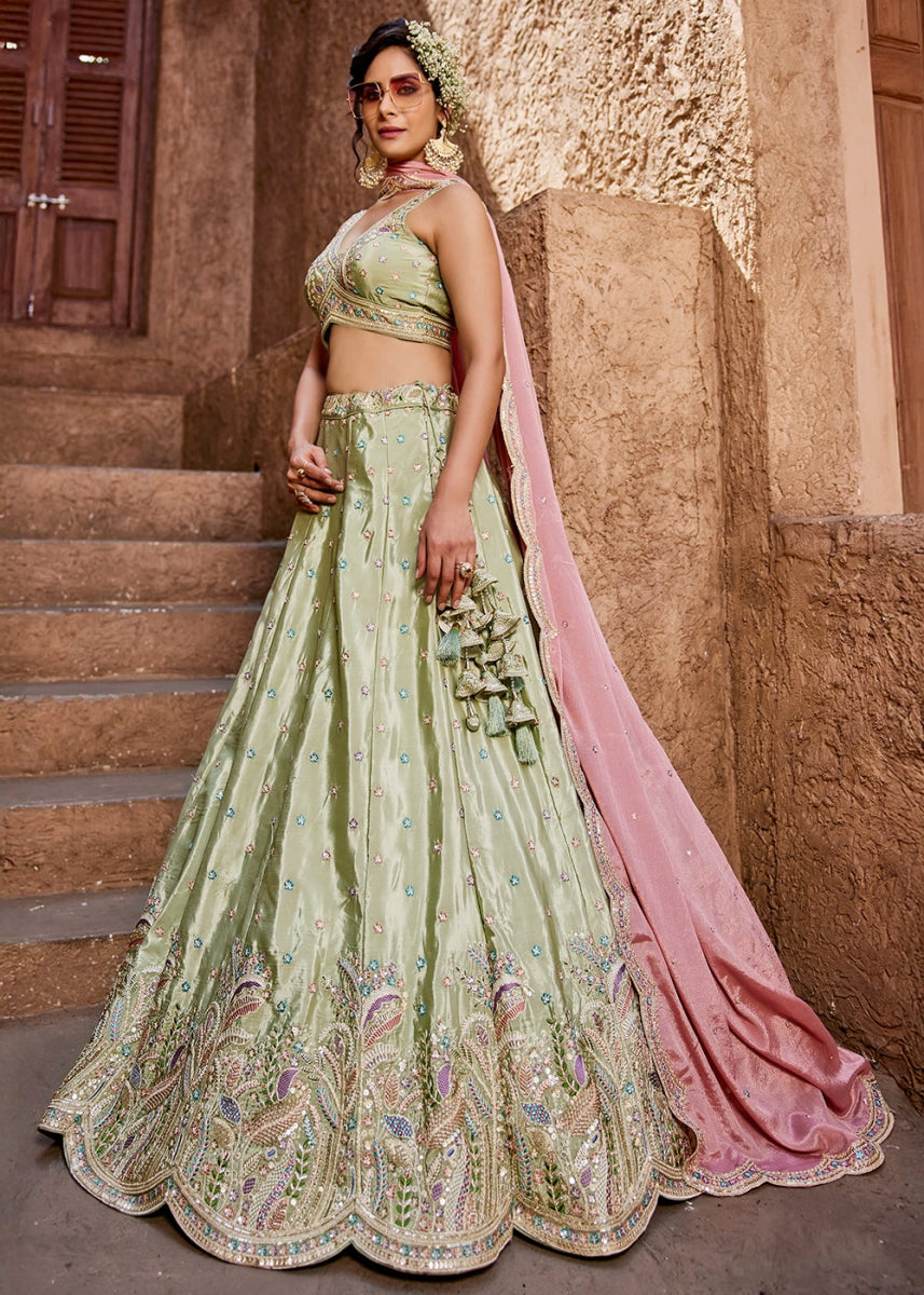 Pastel Green Satin Lehenga Choli with Floral Sequin Detailing - House of Sarvati LLC