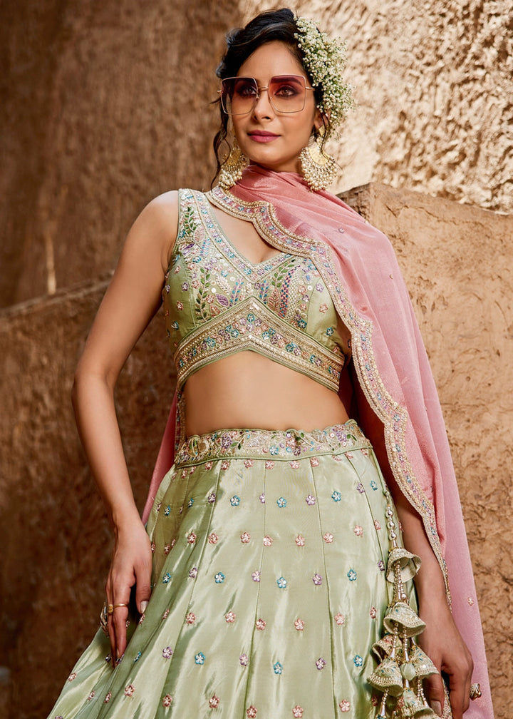 Pastel Green Satin Lehenga Choli with Floral Sequin Detailing - House of Sarvati LLC