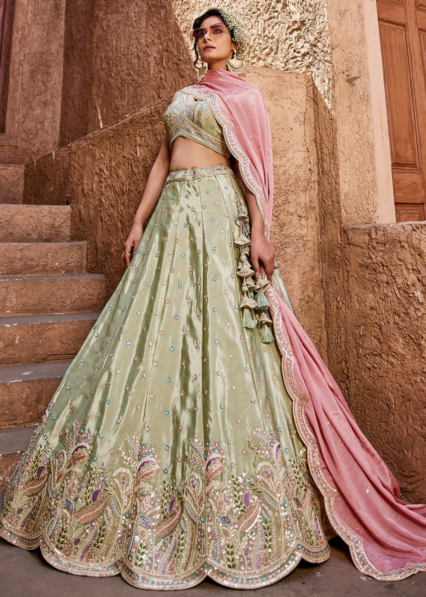 Pastel Green Satin Lehenga Choli with Floral Sequin Detailing - House of Sarvati LLC