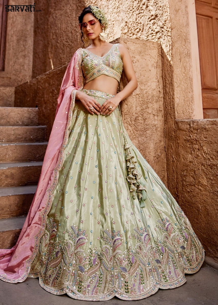 Pastel Green Satin Lehenga Choli with Floral Sequin Detailing - House of Sarvati LLC