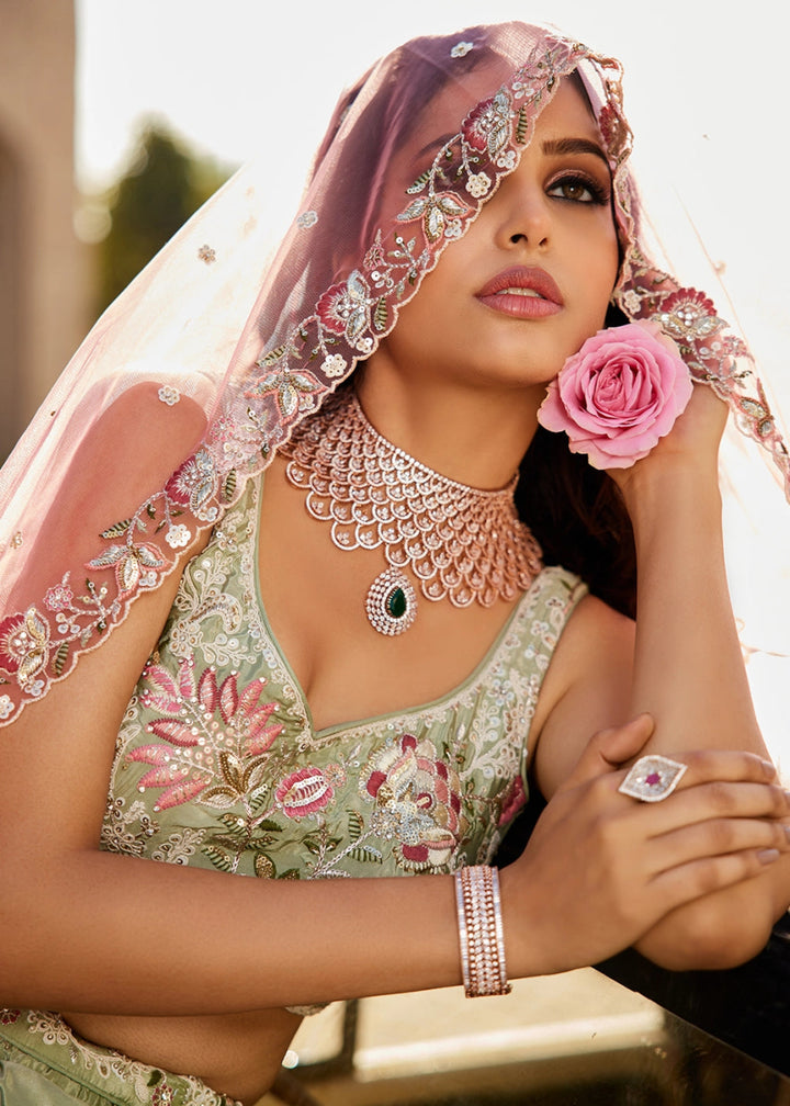 Pastel Green Satin Lehenga Choli with Timeless Floral Sequin Detailing - House of Sarvati LLC