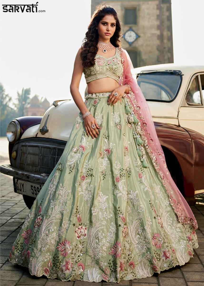 Pastel Green Satin Lehenga Choli with Timeless Floral Sequin Detailing - House of Sarvati LLC