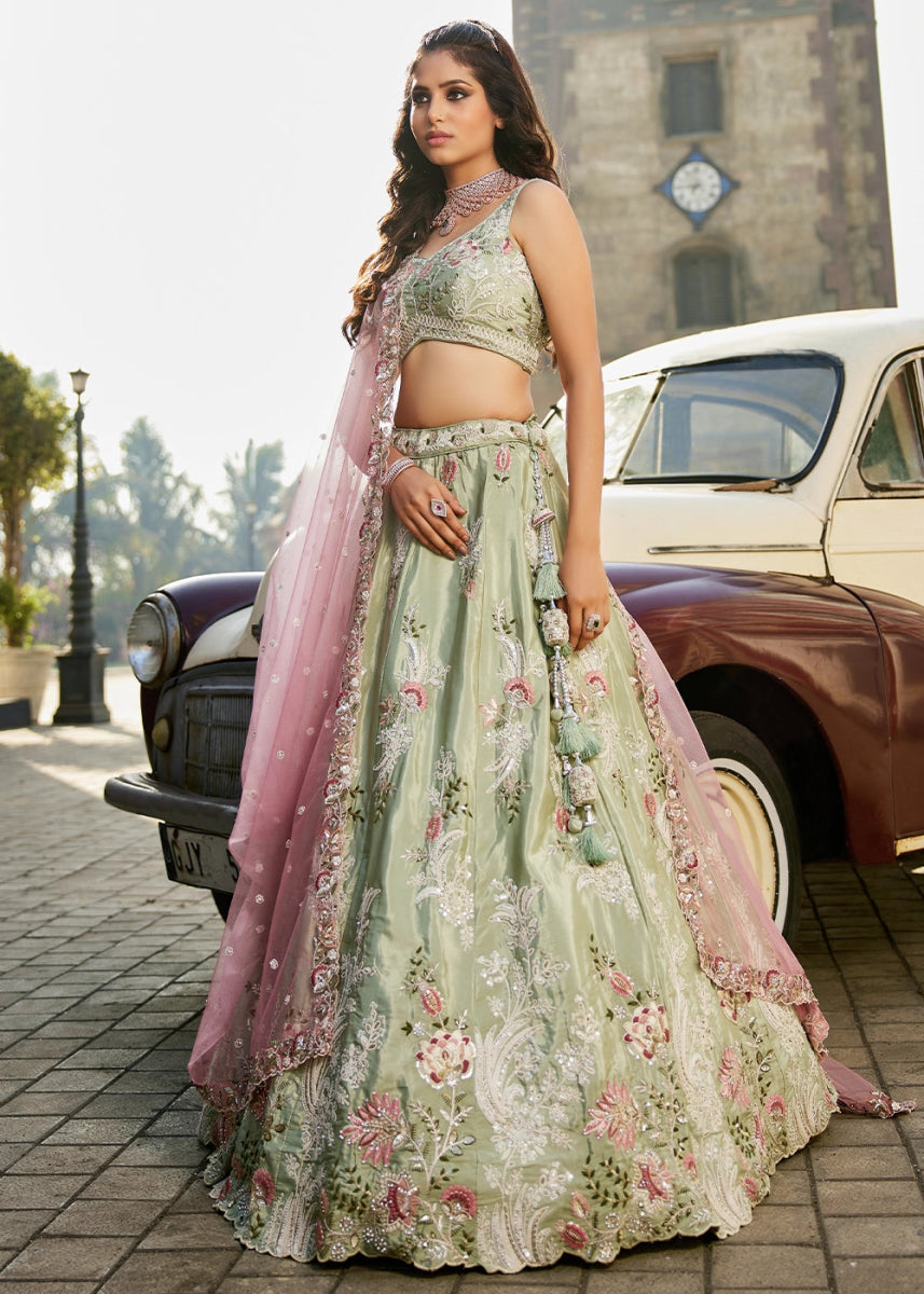 Pastel Green Satin Lehenga Choli with Timeless Floral Sequin Detailing - House of Sarvati LLC