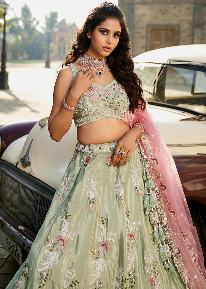 Pastel Green Satin Lehenga Choli with Timeless Floral Sequin Detailing - House of Sarvati LLC