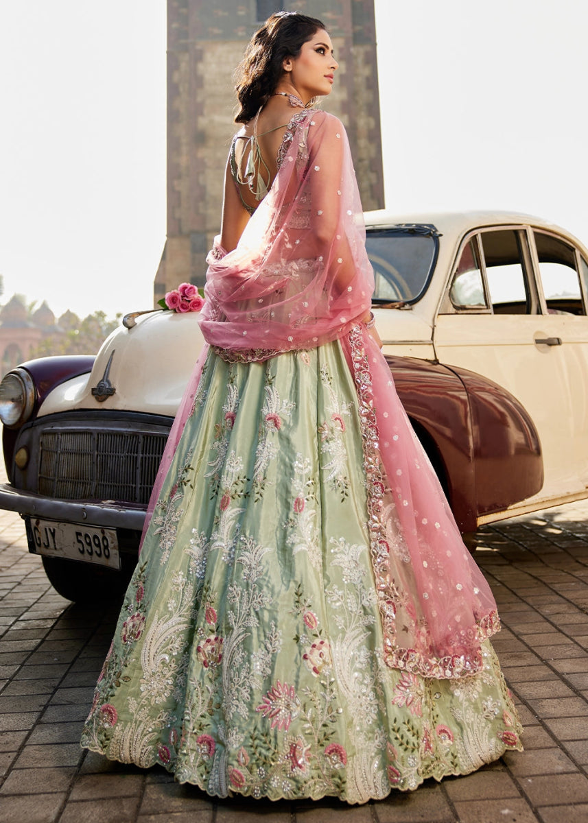 Pastel Green Satin Lehenga Choli with Timeless Floral Sequin Detailing - House of Sarvati LLC