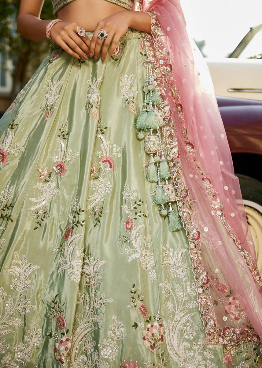 Pastel Green Satin Lehenga Choli with Timeless Floral Sequin Detailing - House of Sarvati LLC