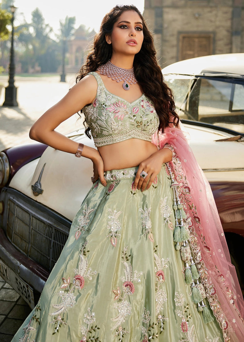 Pastel Green Satin Lehenga Choli with Timeless Floral Sequin Detailing - House of Sarvati LLC
