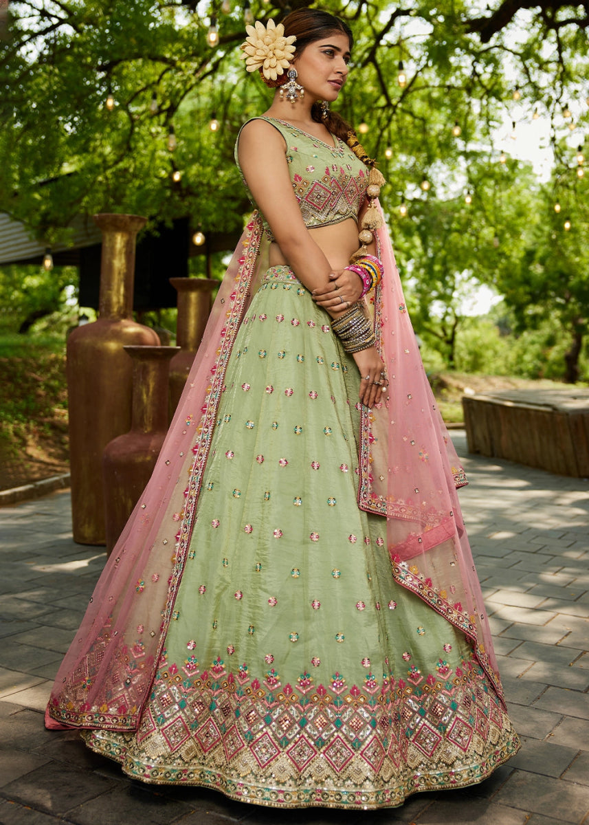 Pastel Green Tissue Lehenga Choli with Sequins and Floral Embroidery - House of Sarvati LLC