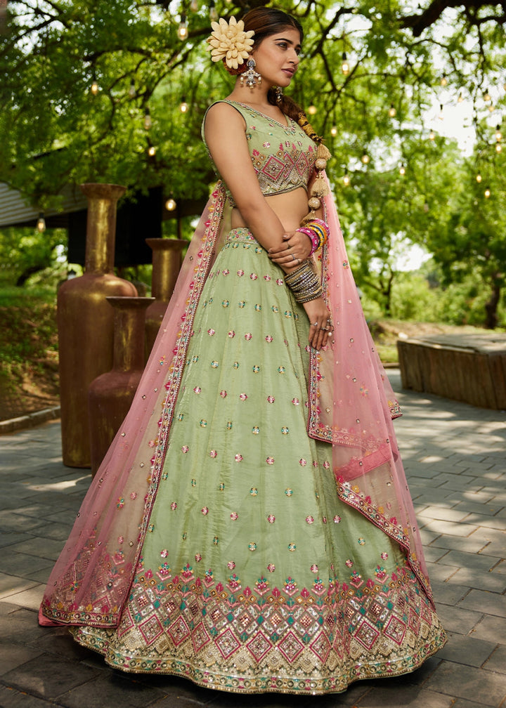 Pastel Green Tissue Lehenga Choli with Sequins and Floral Embroidery - House of Sarvati LLC
