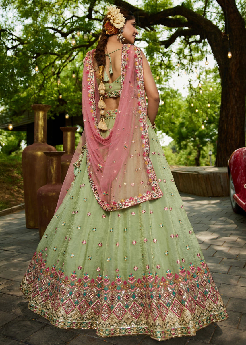 Pastel Green Tissue Lehenga Choli with Sequins and Floral Embroidery - House of Sarvati LLC