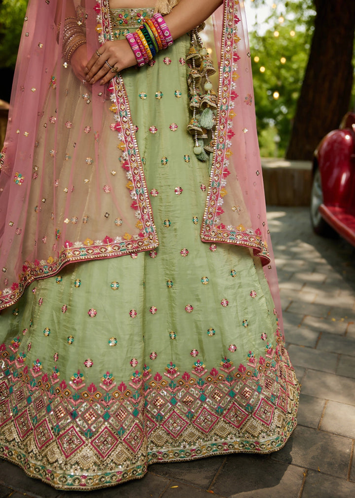 Pastel Green Tissue Lehenga Choli with Sequins and Floral Embroidery - House of Sarvati LLC