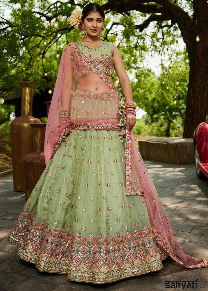 Pastel Green Tissue Lehenga Choli with Sequins and Floral Embroidery - House of Sarvati LLC