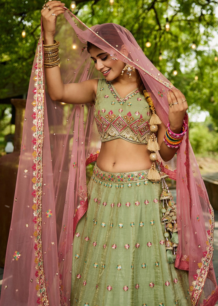 Pastel Green Tissue Lehenga Choli with Sequins and Floral Embroidery - House of Sarvati LLC