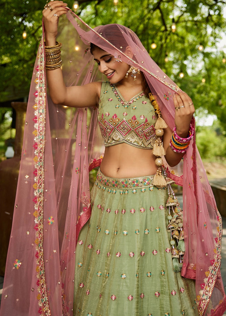 Pastel Green Tissue Lehenga Choli with Sequins and Floral Embroidery - House of Sarvati LLC