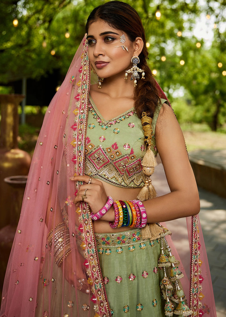 Pastel Green Tissue Lehenga Choli with Sequins and Floral Embroidery - House of Sarvati LLC