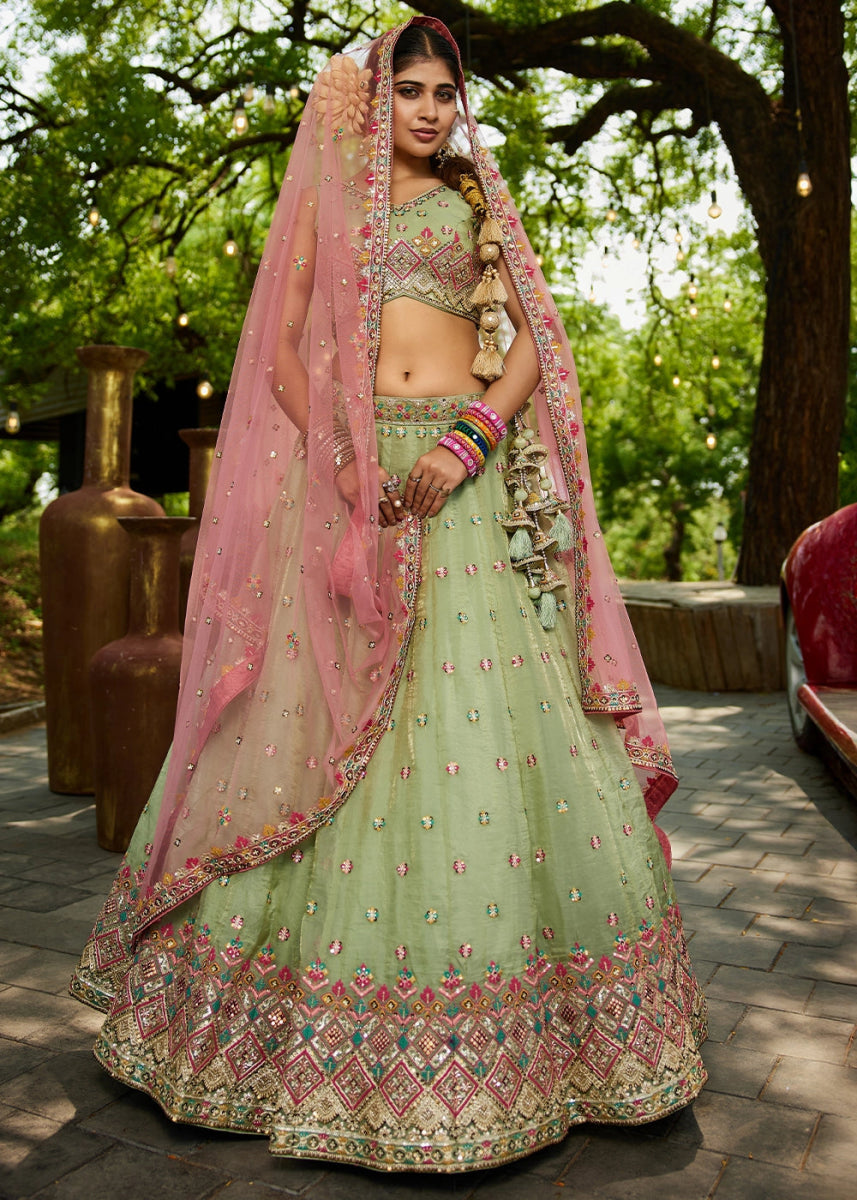 Pastel Green Tissue Lehenga Choli with Sequins and Floral Embroidery - House of Sarvati LLC