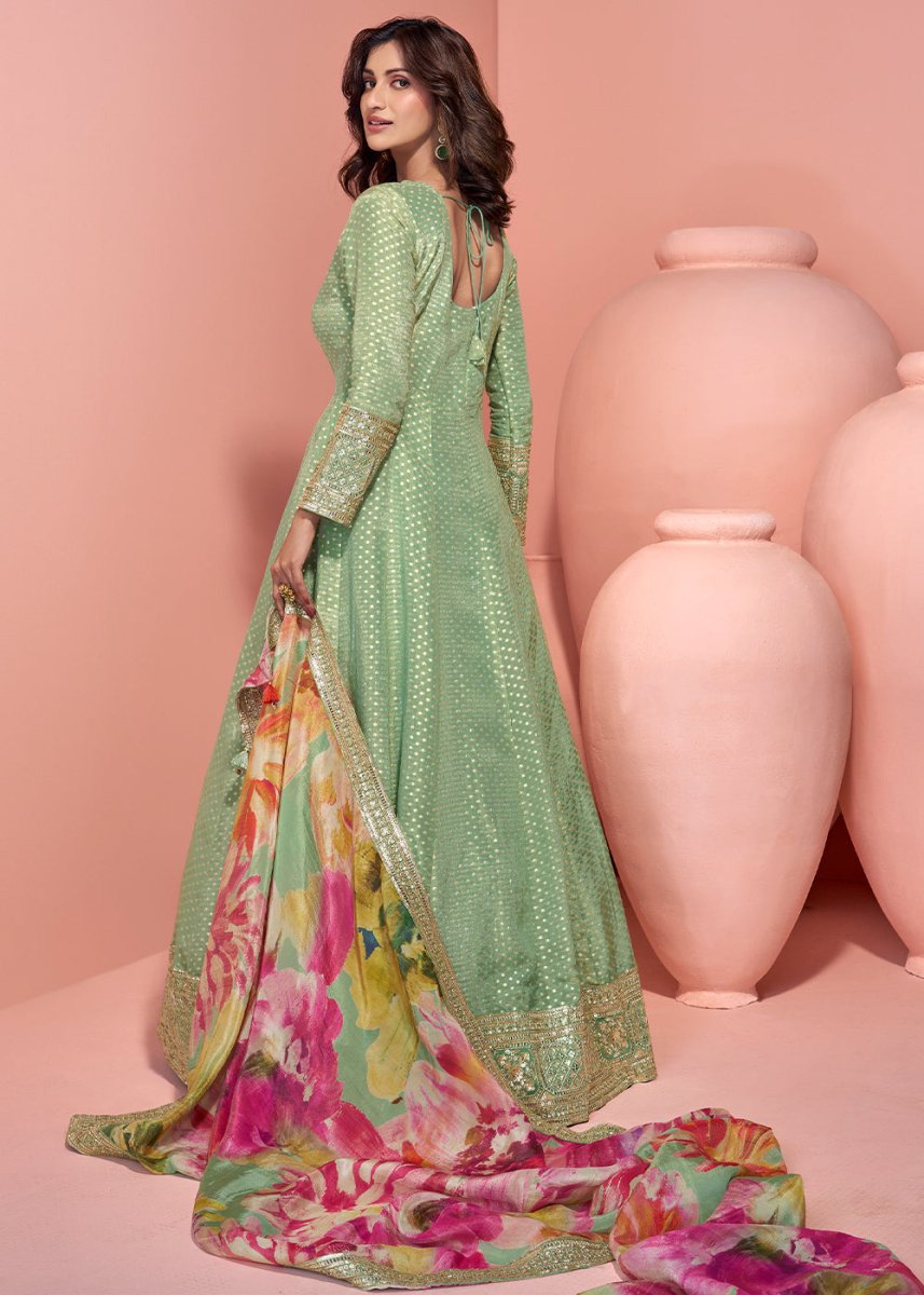 Pastel Green Viscose Jacquard Silk Anarkali with Exquisite Detailing - House of Sarvati LLC