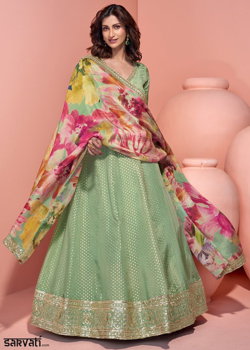 Pastel Green Viscose Jacquard Silk Anarkali with Exquisite Detailing - House of Sarvati LLC
