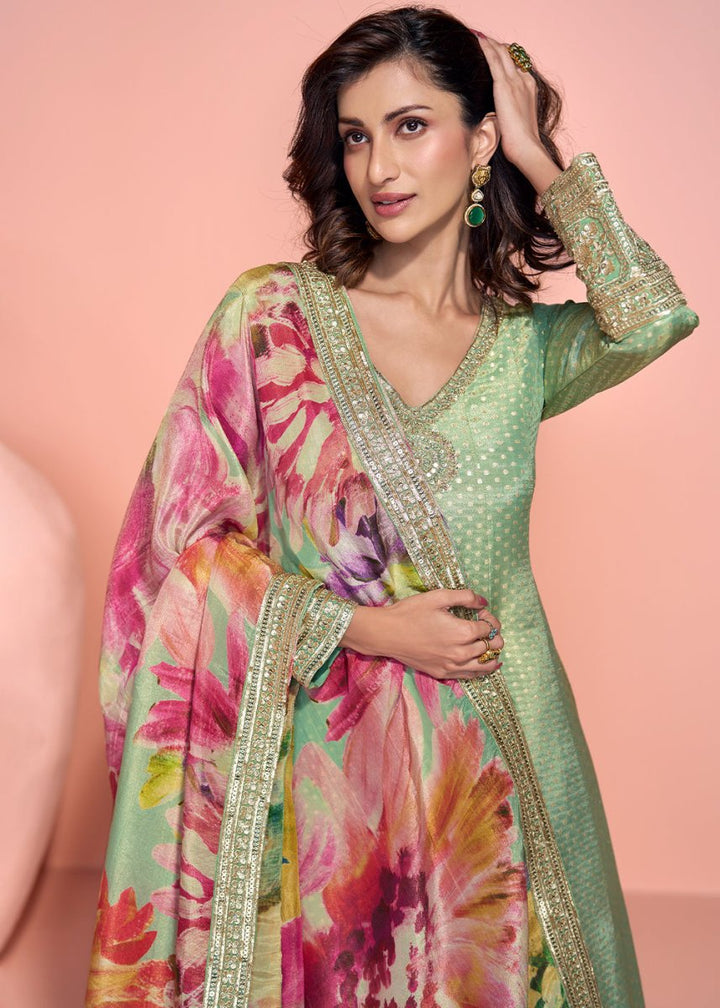 Pastel Green Viscose Jacquard Silk Anarkali with Exquisite Detailing - House of Sarvati LLC