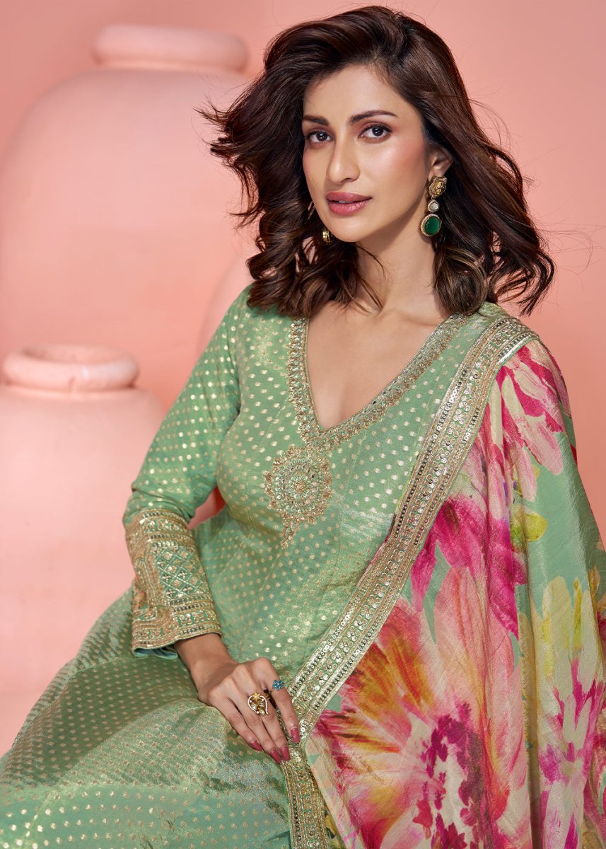 Pastel Green Viscose Jacquard Silk Anarkali with Exquisite Detailing - House of Sarvati LLC