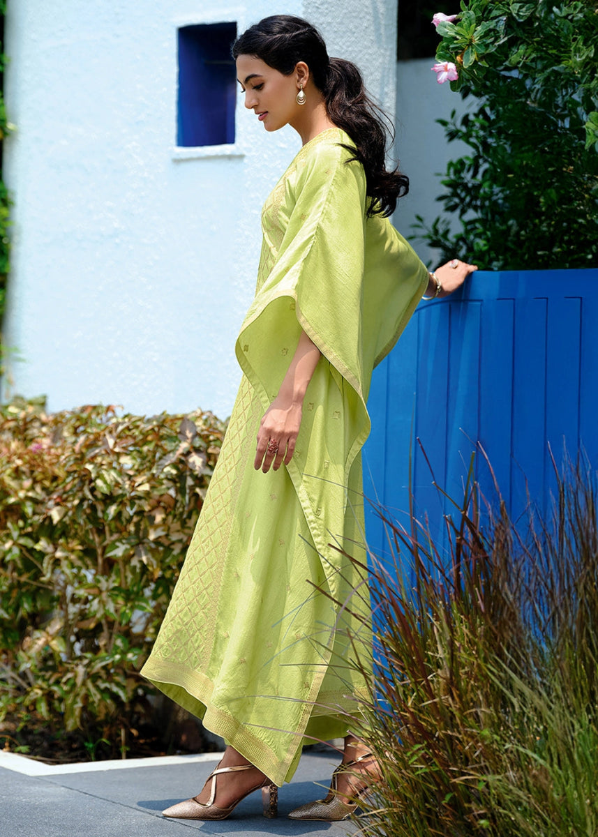 Pastel Green Viscose Silk Kaftan Set with Handcrafted Details - House of Sarvati LLC