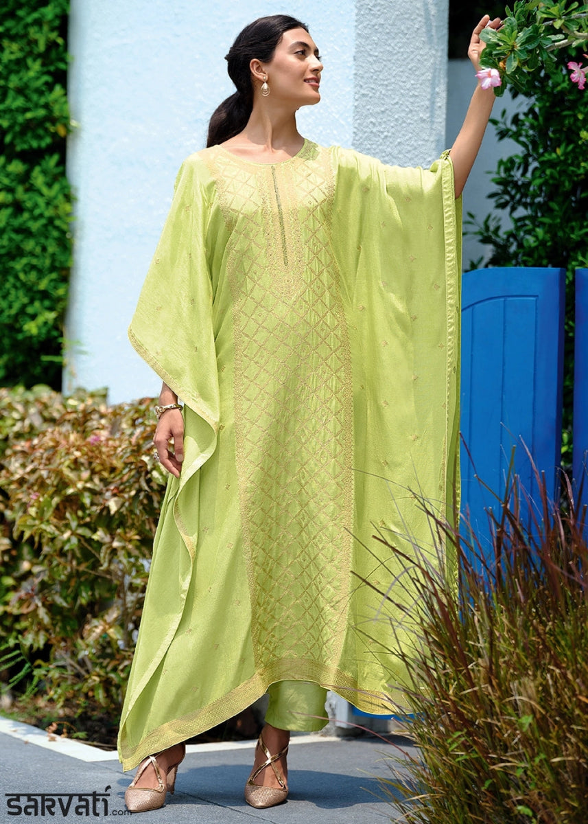 Pastel Green Viscose Silk Kaftan Set with Handcrafted Details - House of Sarvati LLC